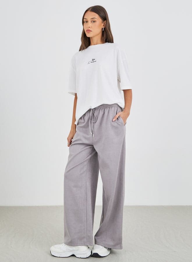 Women Grey Suede Look Wide Leg Joggers - Image 1