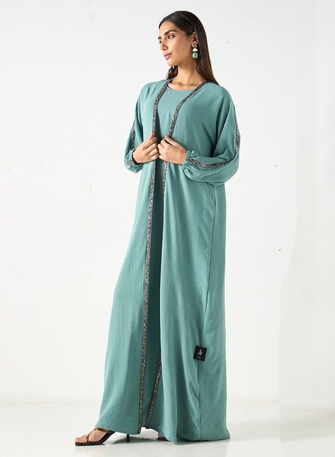 Ever Green Geometric Embroidered Open & Close Abaya Set - Image 1