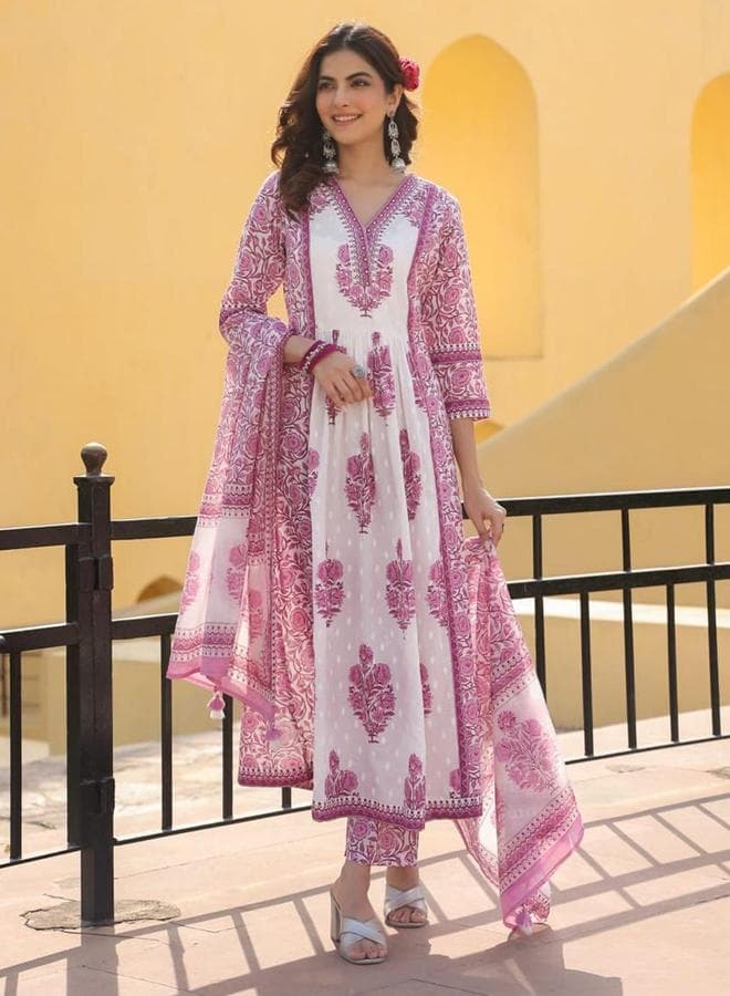 White Cotton Printed Straight Fit Kurta Set with Palazzo - Image 1