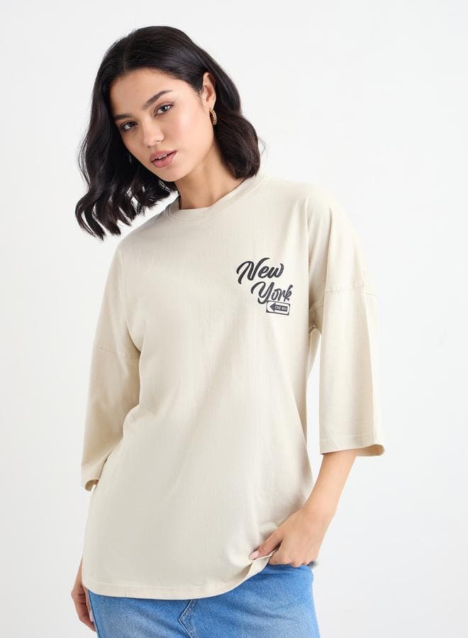 Styli Slogan Print Oversized Round Neck T-Shirt - Image 1