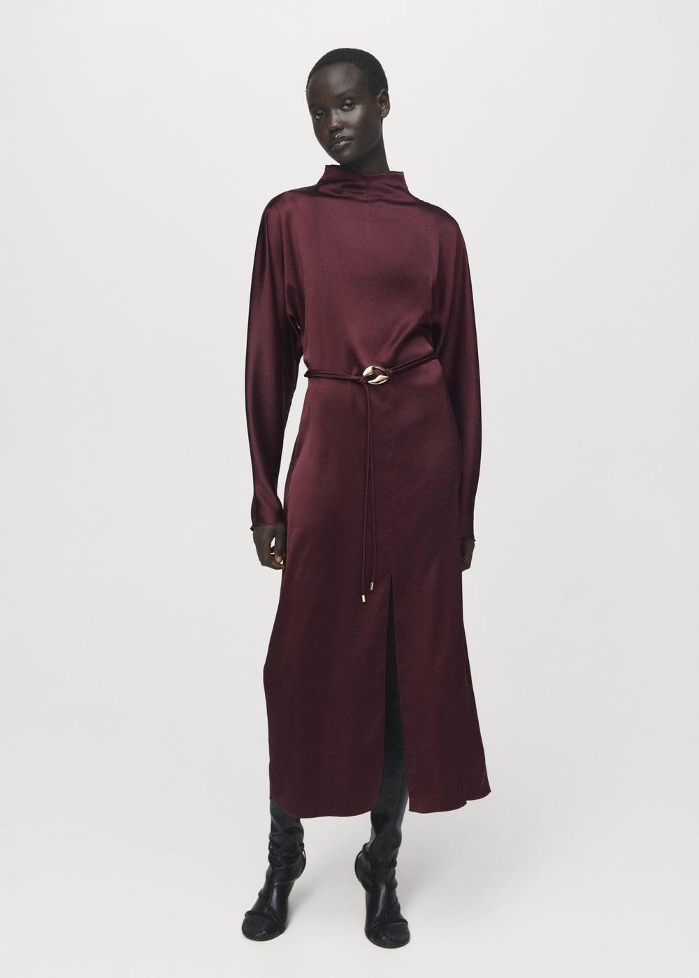 Belted Satin Midi Dress with High Neck - Image 1