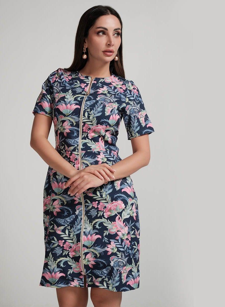 Floral Print Midi Dress with Front Zipper - Image 1