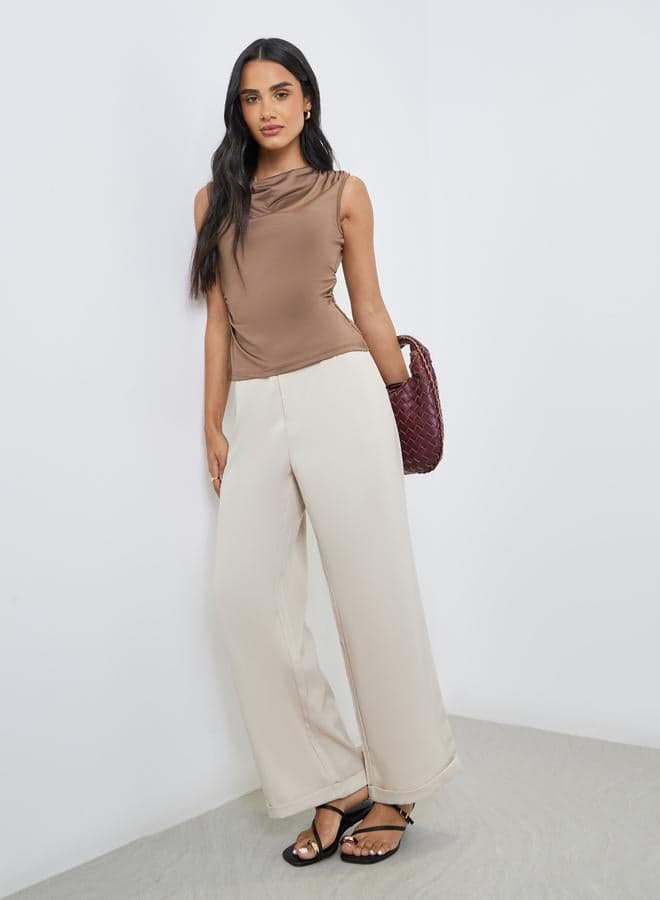 Cream Tapered Fit Pants with Buttons - Image 1