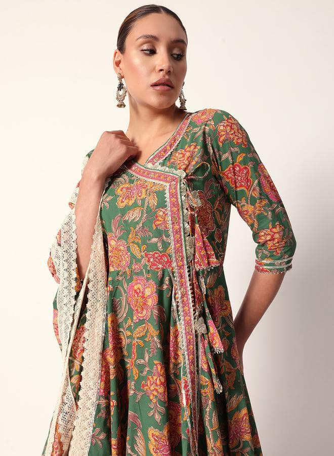 Green Cotton Textured Kurta Set with Full Palazzo - Image 1