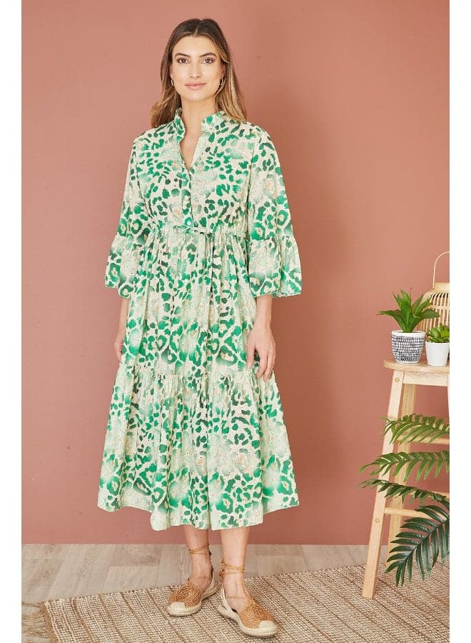 Green Print Midi Dress with Tiered Skirt - Image 1