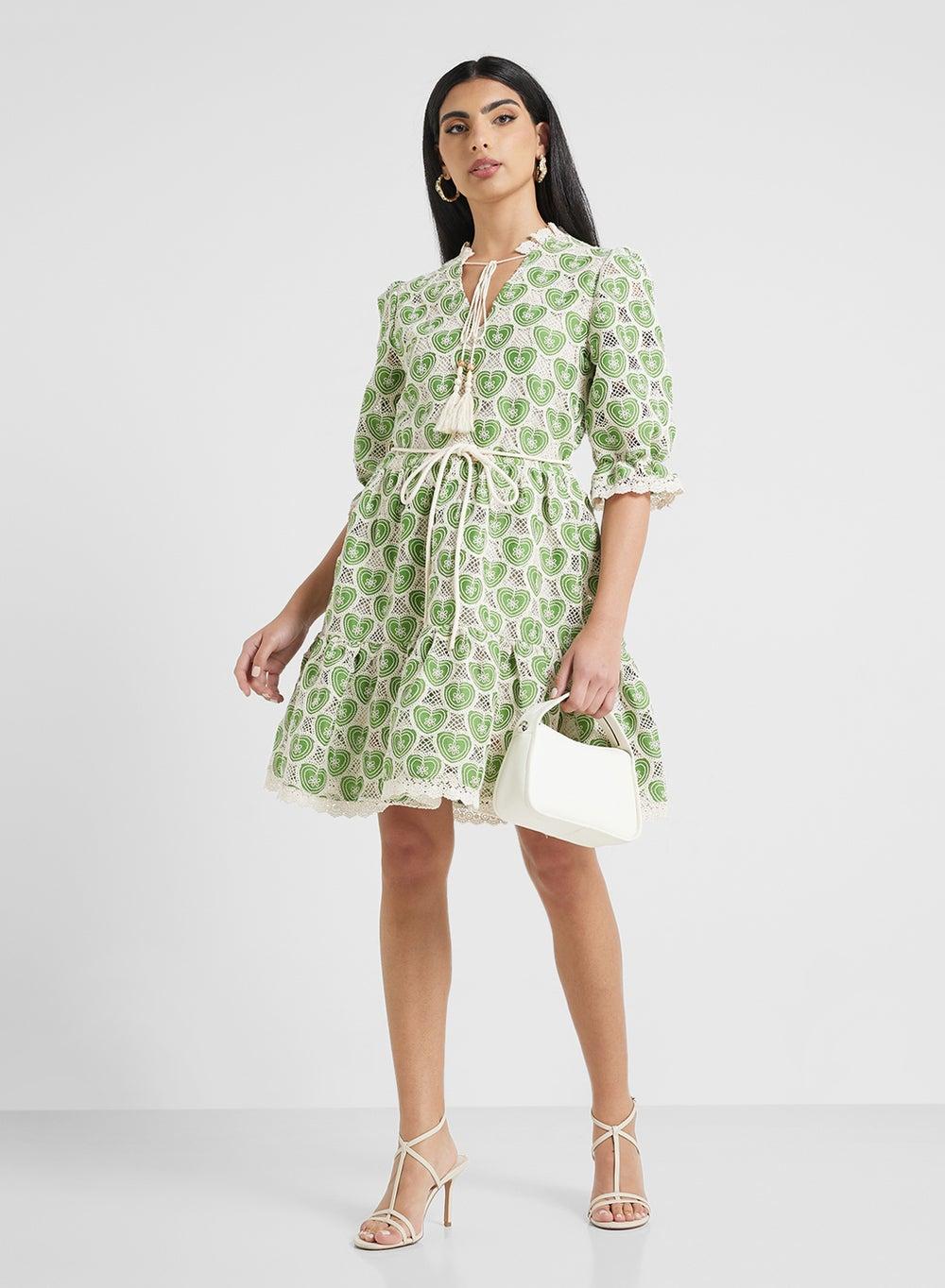 Heart Print Mini Dress with Ruffled Hem - Image 1