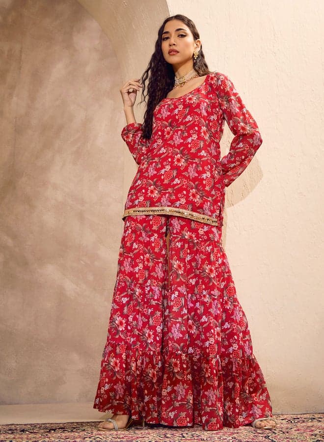 Floral Print Wide Neck Kurta Sharara Set - Image 1
