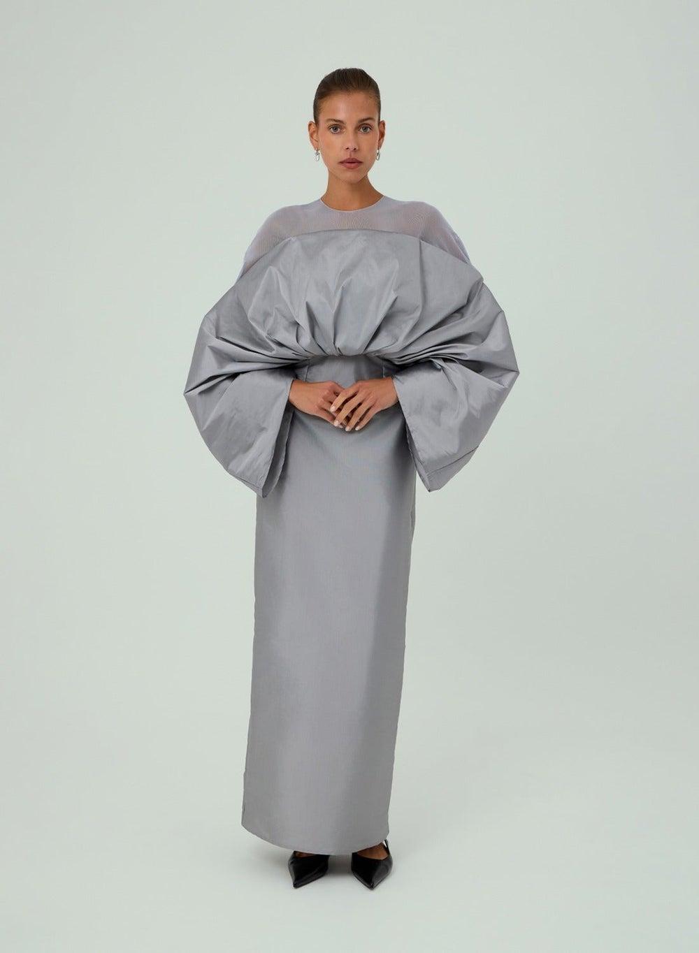 Siya Grey Column Dress with Oversized Sleeves - Image 1