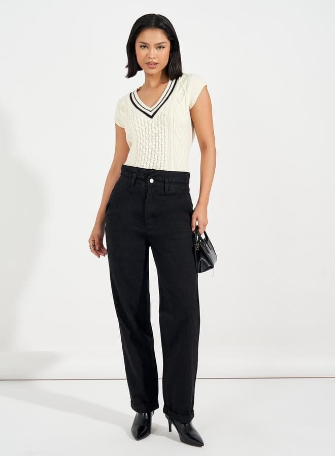 Styli High Rise Straight Fit Paper Bag Waist Jeans - Image 1