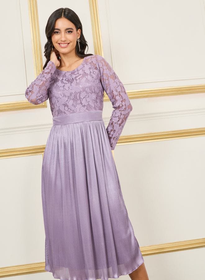 Lace Detail Satin Plisse A-Line Midi Dress - Image 1