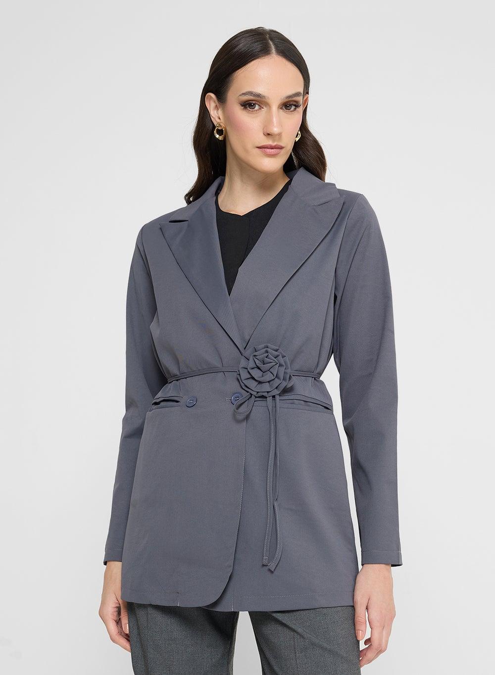 Floral Belt Lapel Collar Women’s Blazer - Image 1