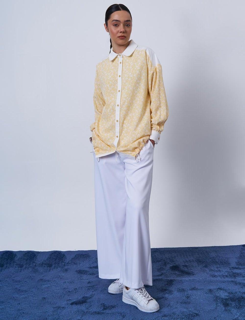 Yellow Floral Crinkled Tunic with Lace-Up Hem - Image 1