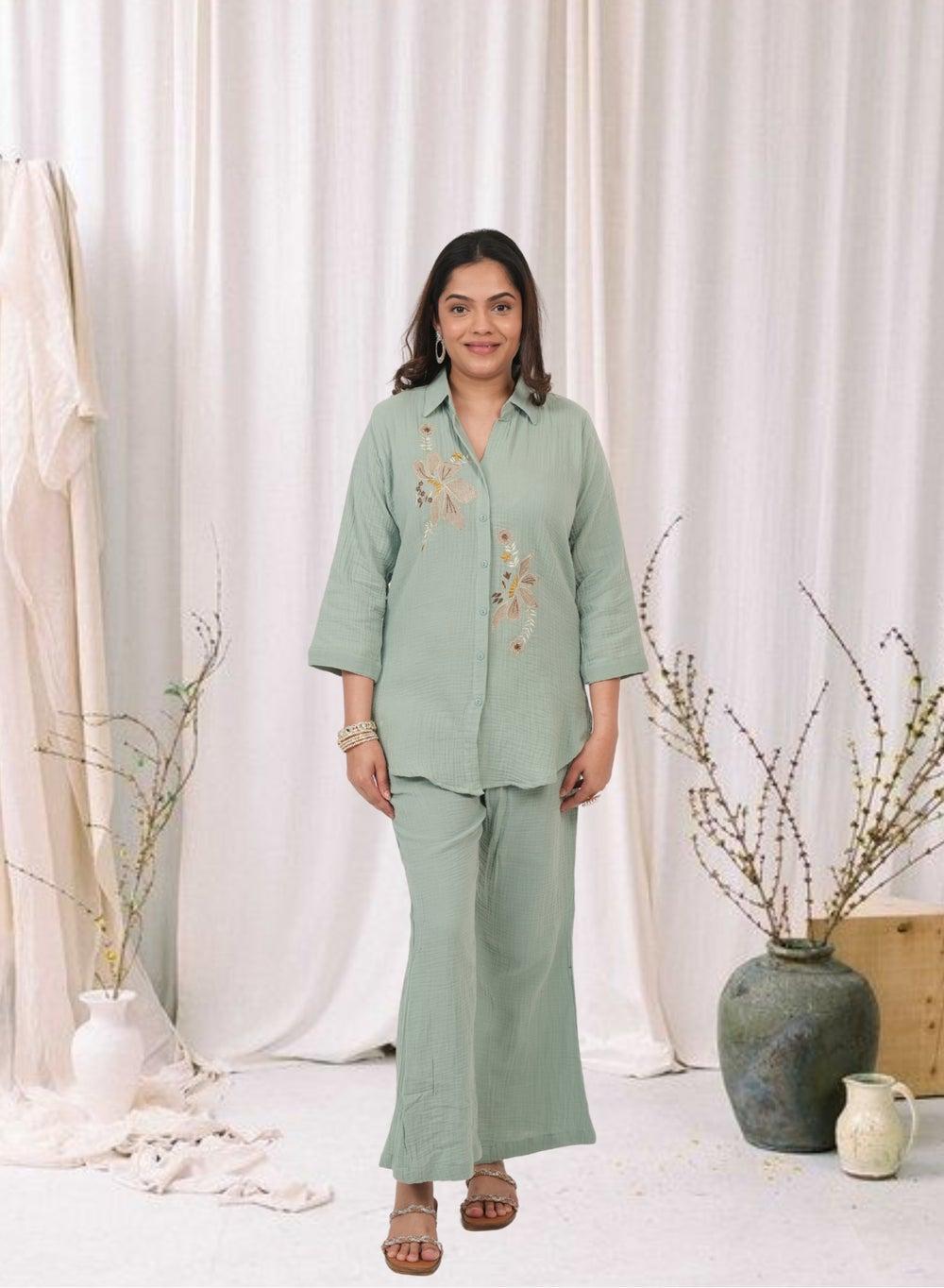 Sage Green Embroidered Kurta and Pant Co-ord Set - Image 1