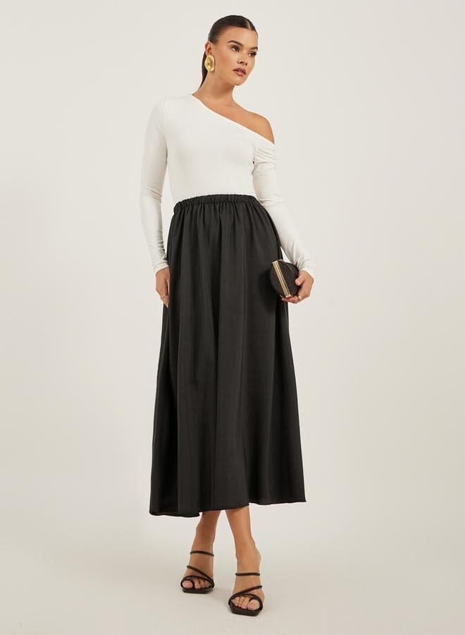 Styli Solid A-Line Midi Skirt with Elastic Waistband - Image 1