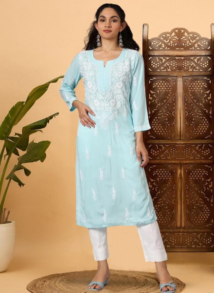 Hand Embroidered Chikankari Rayon Kurta AL3451 for Women - Image 1