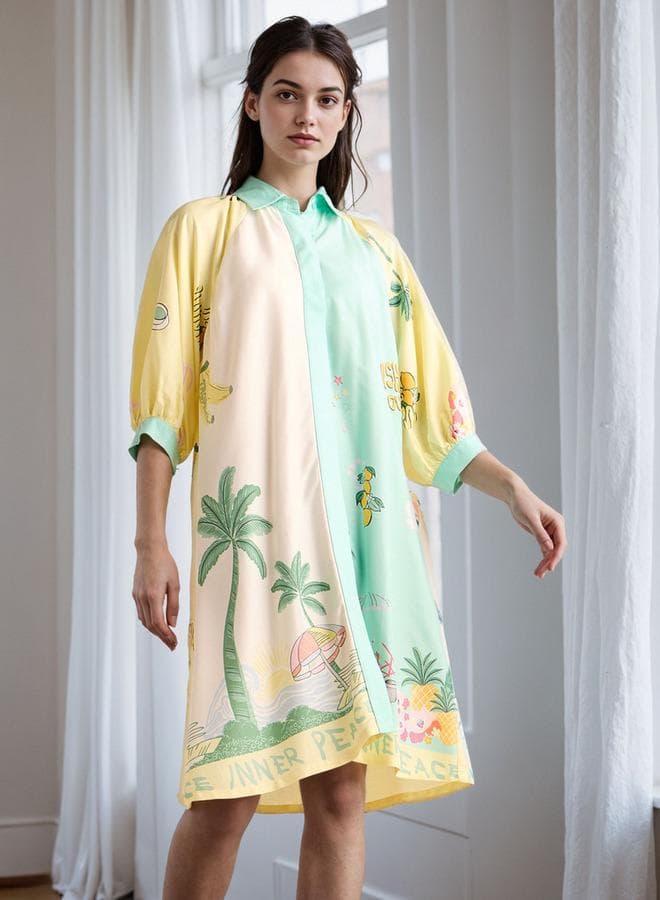 All-Over Print Sleepshirt with Collar and 3/4 Sleeves - Image 1