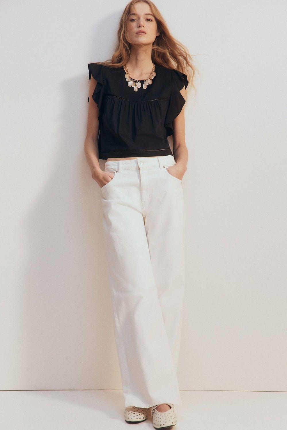 Flutter-Sleeved Cotton-Viscose Blouse with Lace Detail - Image 1
