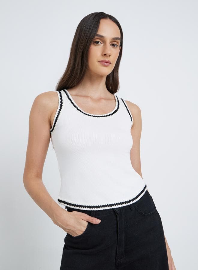 Styli White Ribbed Tank with Contrast Trim - Image 1