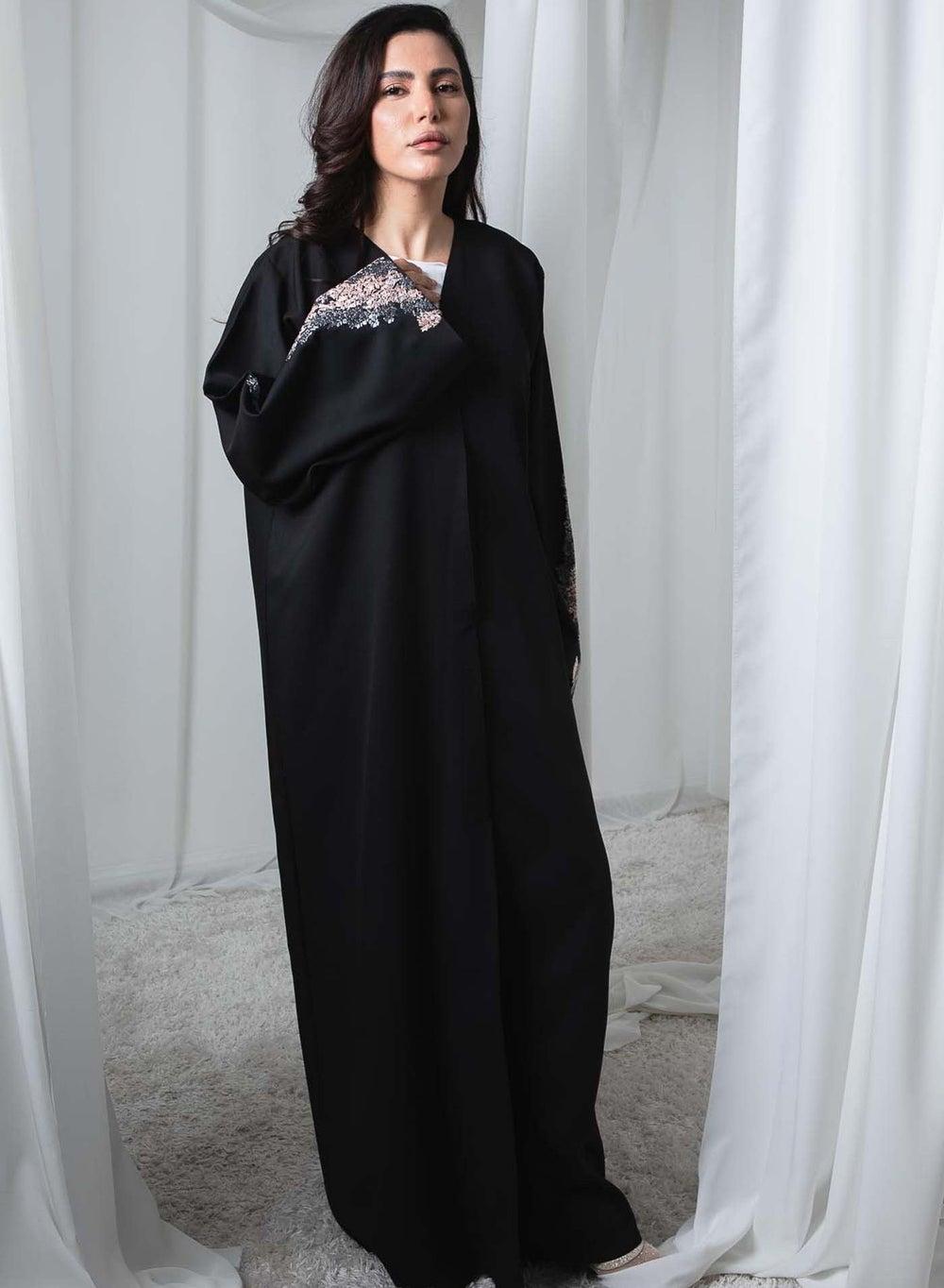 Black Barbie Crepe Abaya with Contrast Thread Work and Sheila - Image 1