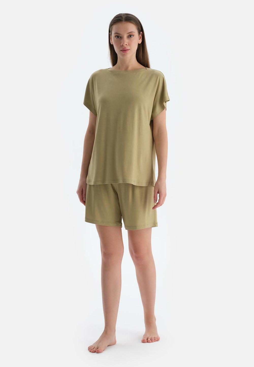 Green Square Neck Viscose Blend Nightwear Short Set - Image 1