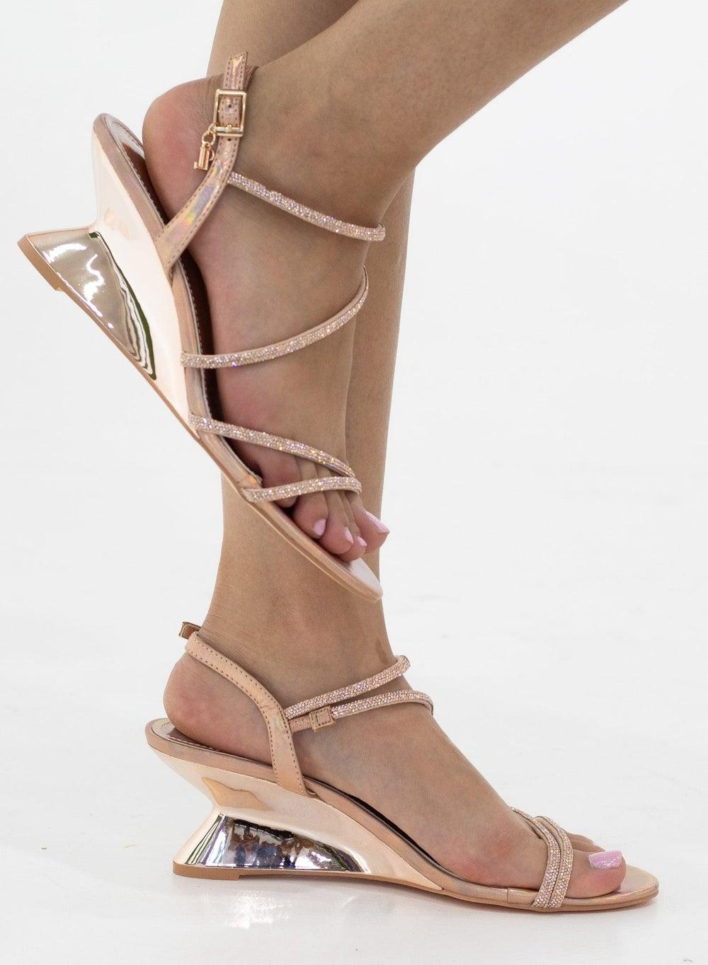 Kling Double Band Diamante 6.5cm Wedge Sandals in Champagne - Image 1