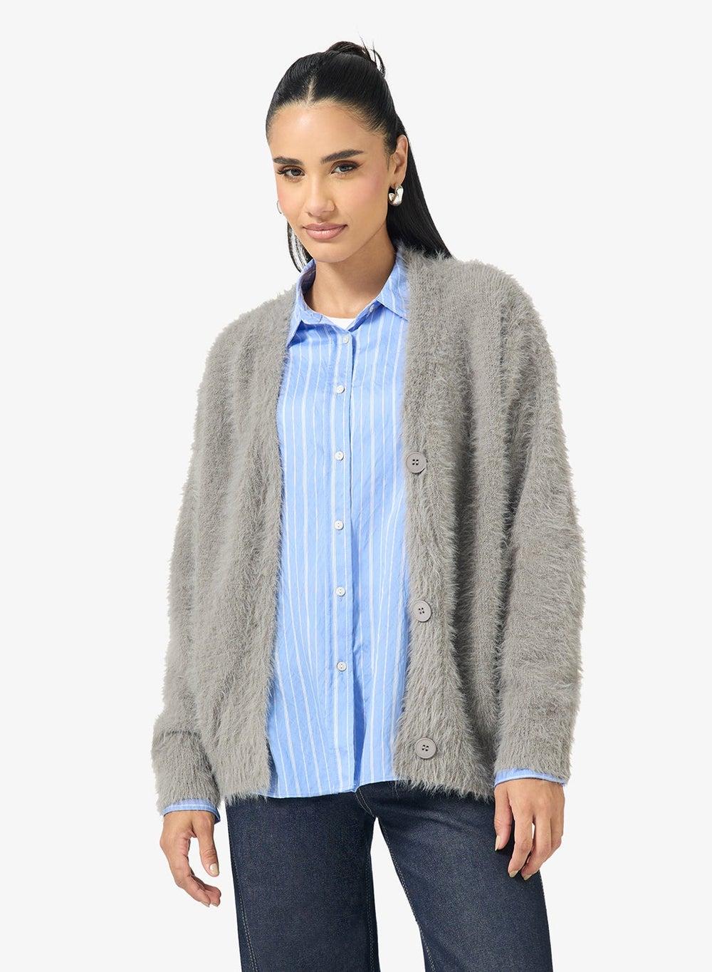 Cozy Fuzzy Button-Up Cardigan - Image 1