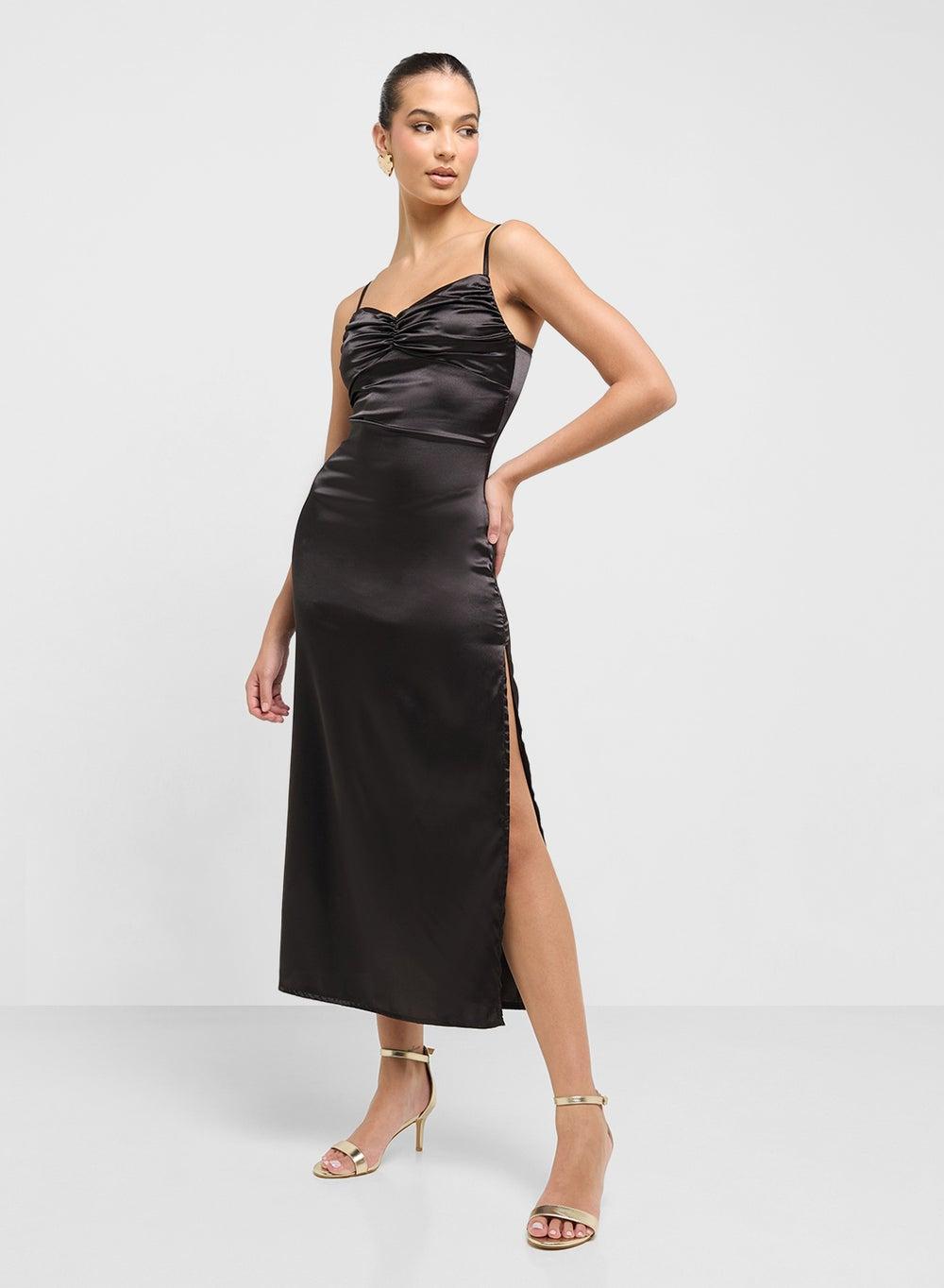 Black Satin Slip Dress with Side Slit - Image 1