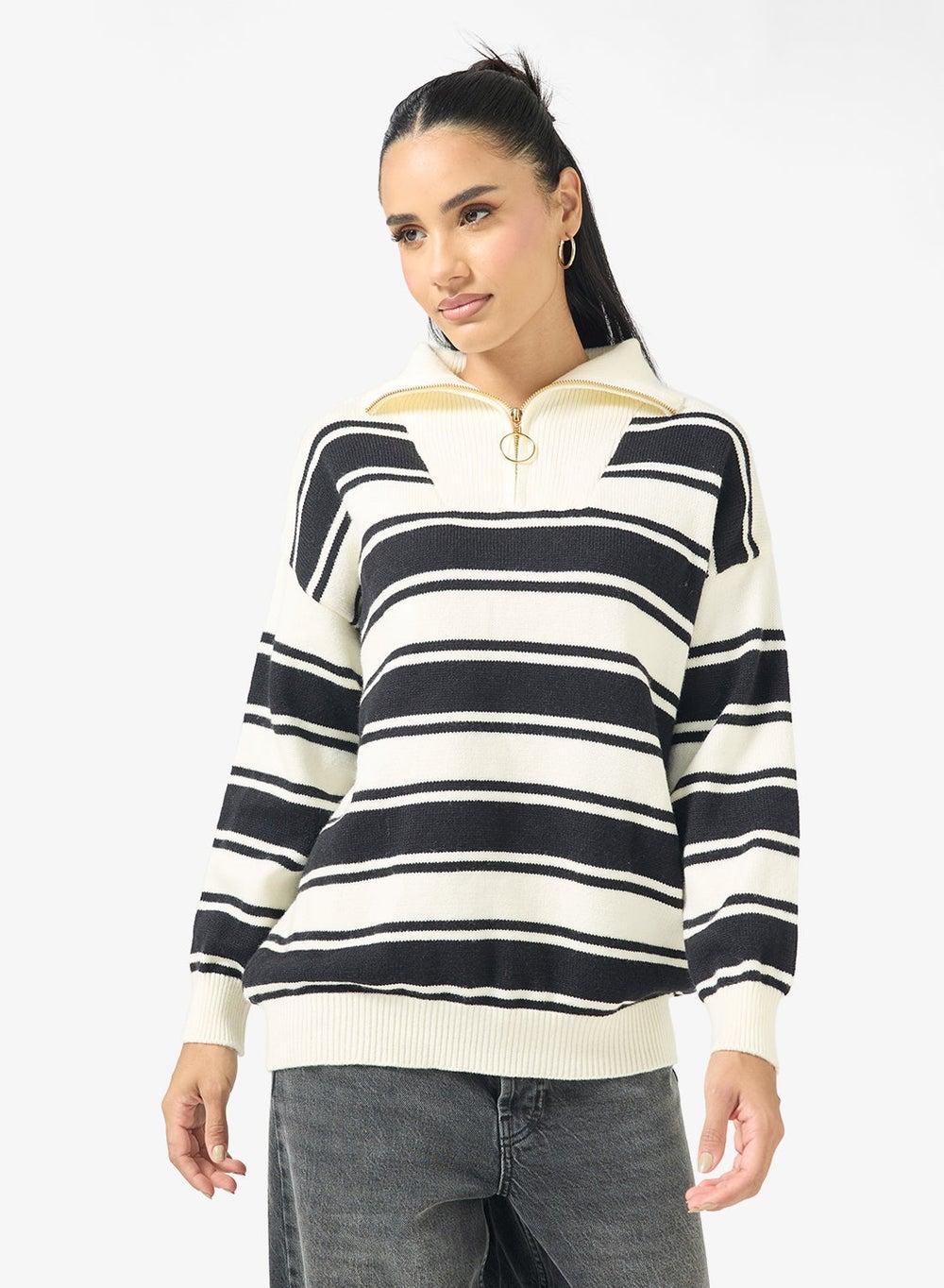 Half Zip Varsity Stripe Knit Sweater - Image 1