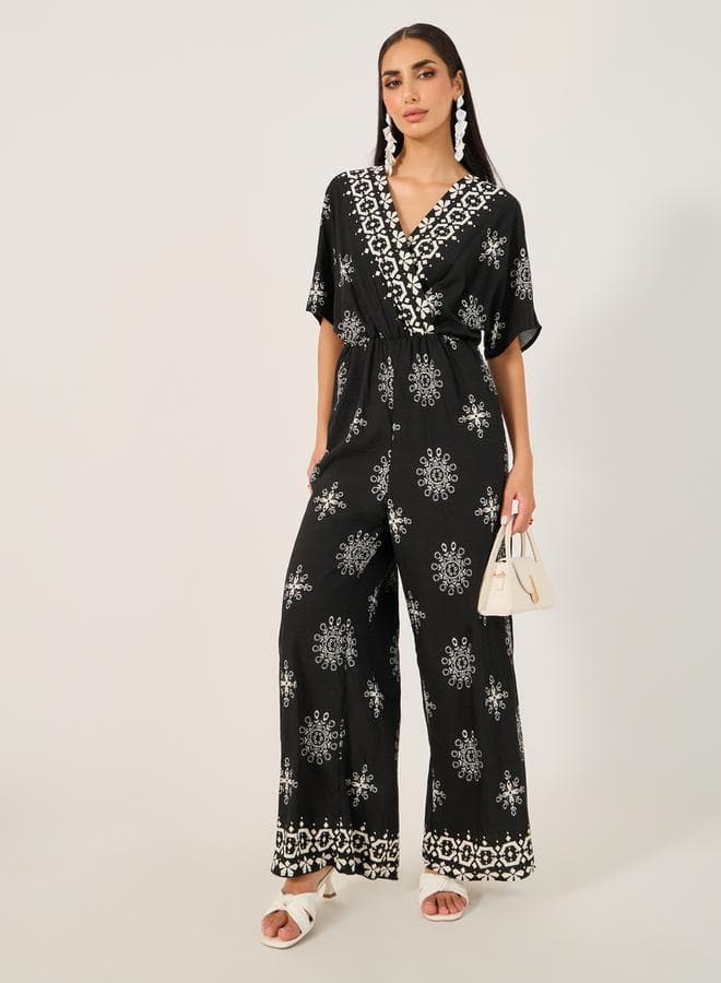 Printed V Neck Short Sleeve Jumpsuit - Image 1