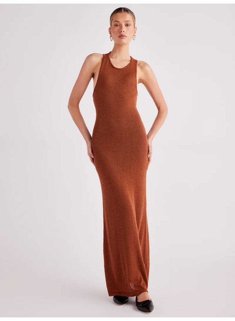 Sleeveless Brown Fine Knit Maxi Dress - Image 1