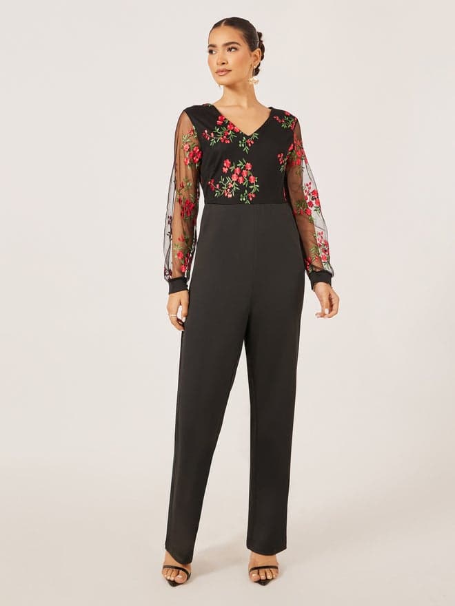 Embroidered Mesh V-Neck Wide Leg Jumpsuit - Image 1