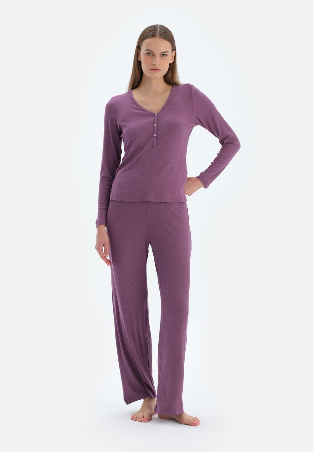 Classic Fit V Neck Viscose Blend Long Pyjama Set - Image 1