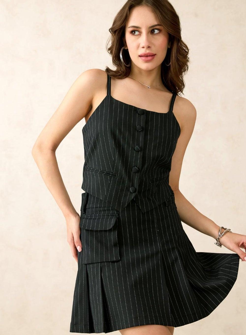 Navy Viscose Stretch Pleated Mini Skirt with Pockets - Image 1