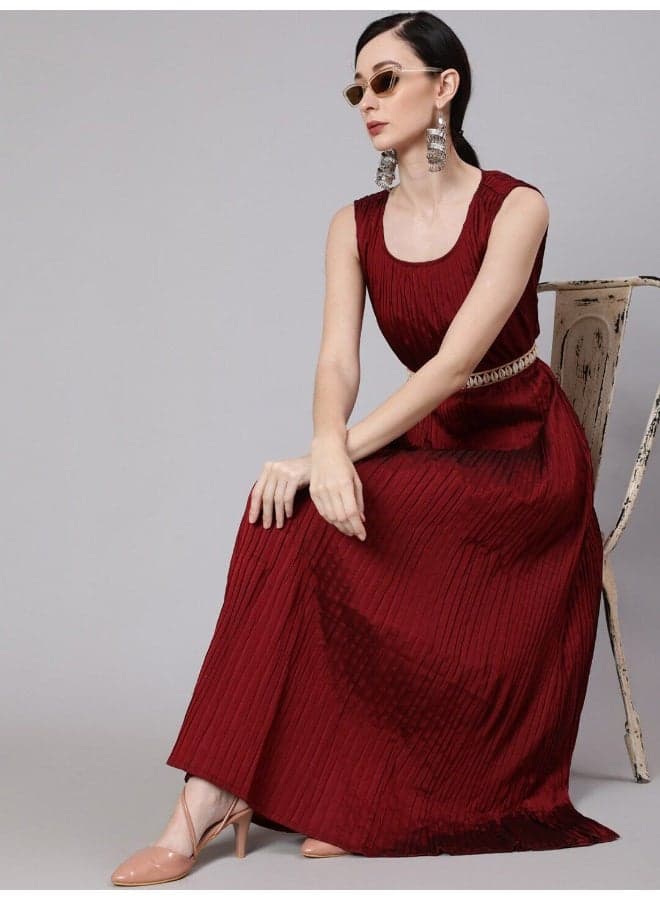 Maroon Taffeta Pleated Maxi Dress with Belted Waist - Image 1