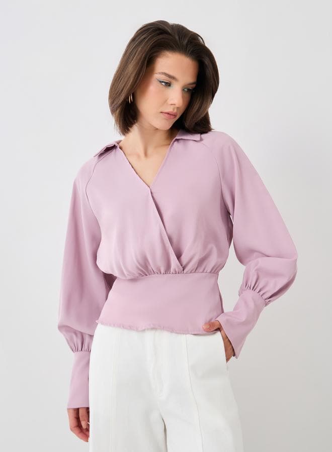 Cuffed Long Sleeve Collared Wrap Blouse - Image 1
