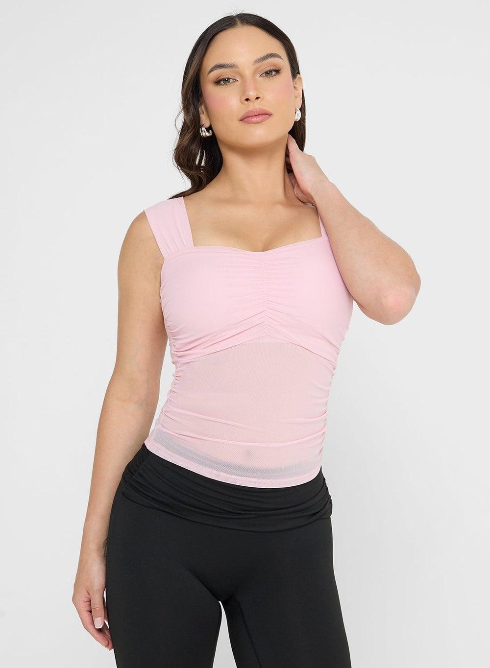 Ruched Mesh Fitted Tank Top - Image 1