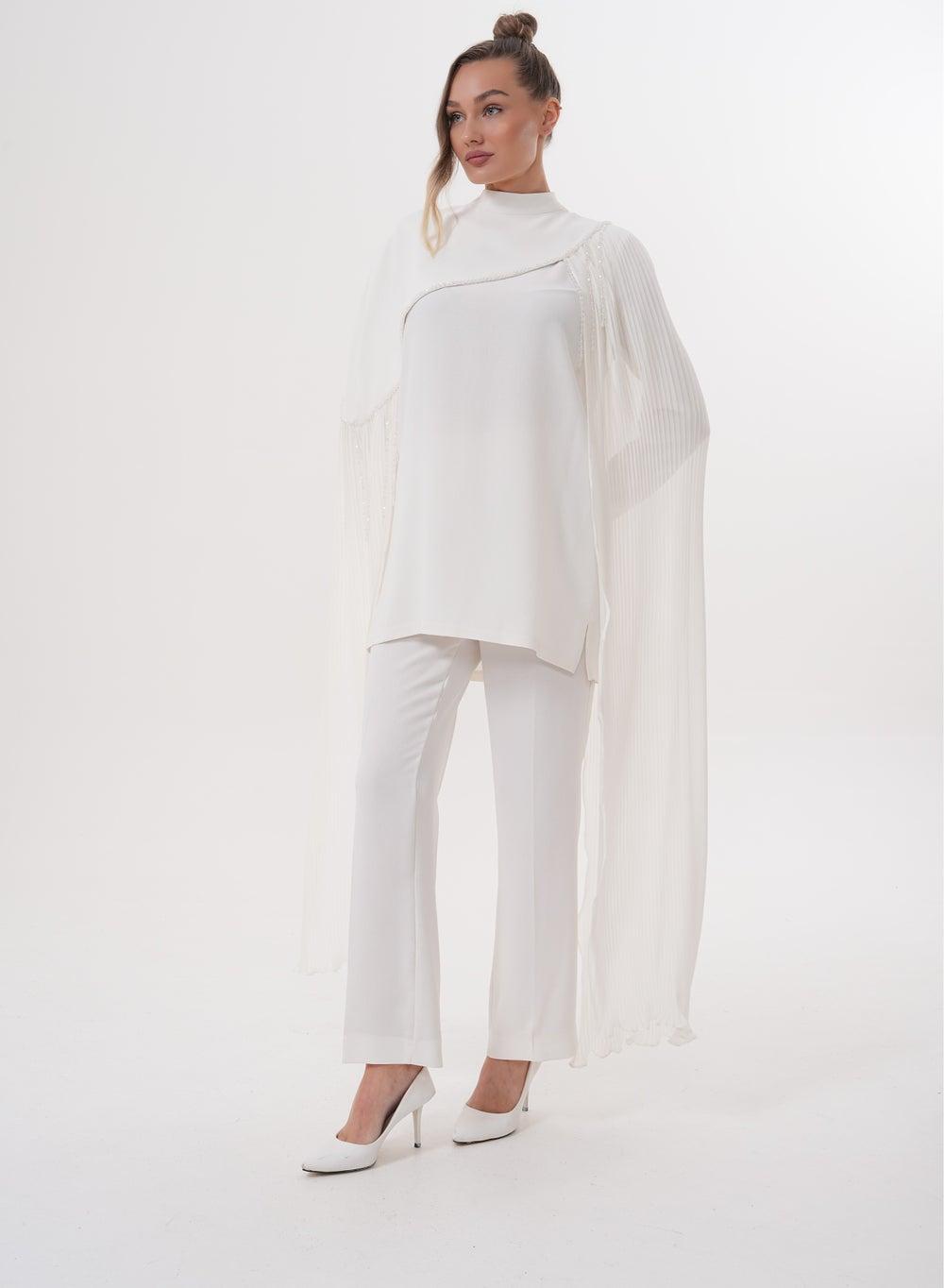 Elegant Pleated Cape Pantsuit Set - Image 1