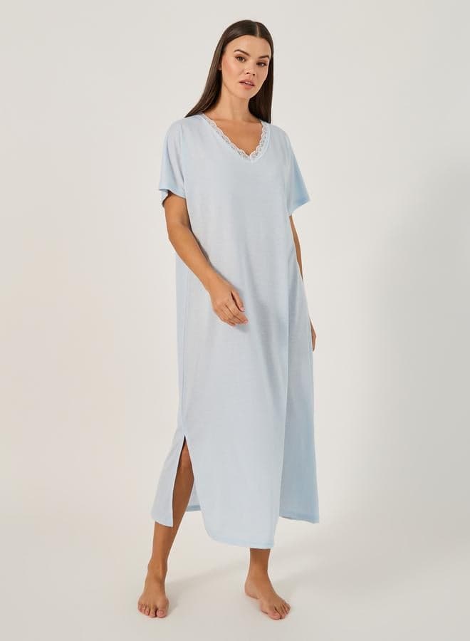 Lace Trim V-Neck Side Slit Nightdress - Image 1