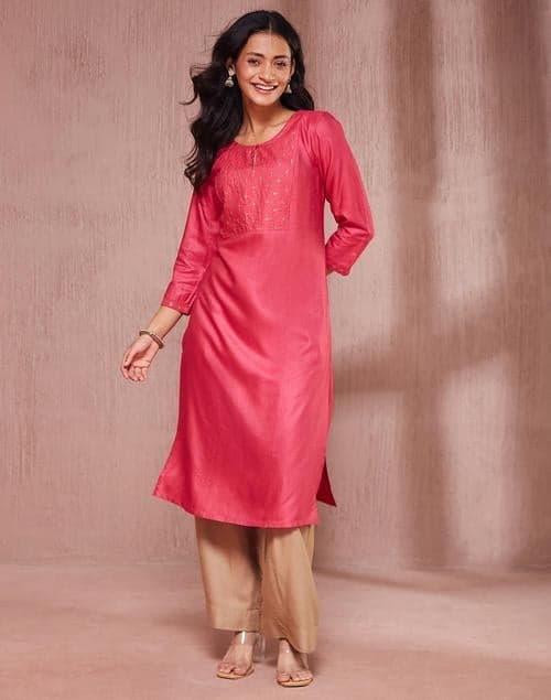 Pink Viscose Silk Embroidered Long Kurta - Image 1