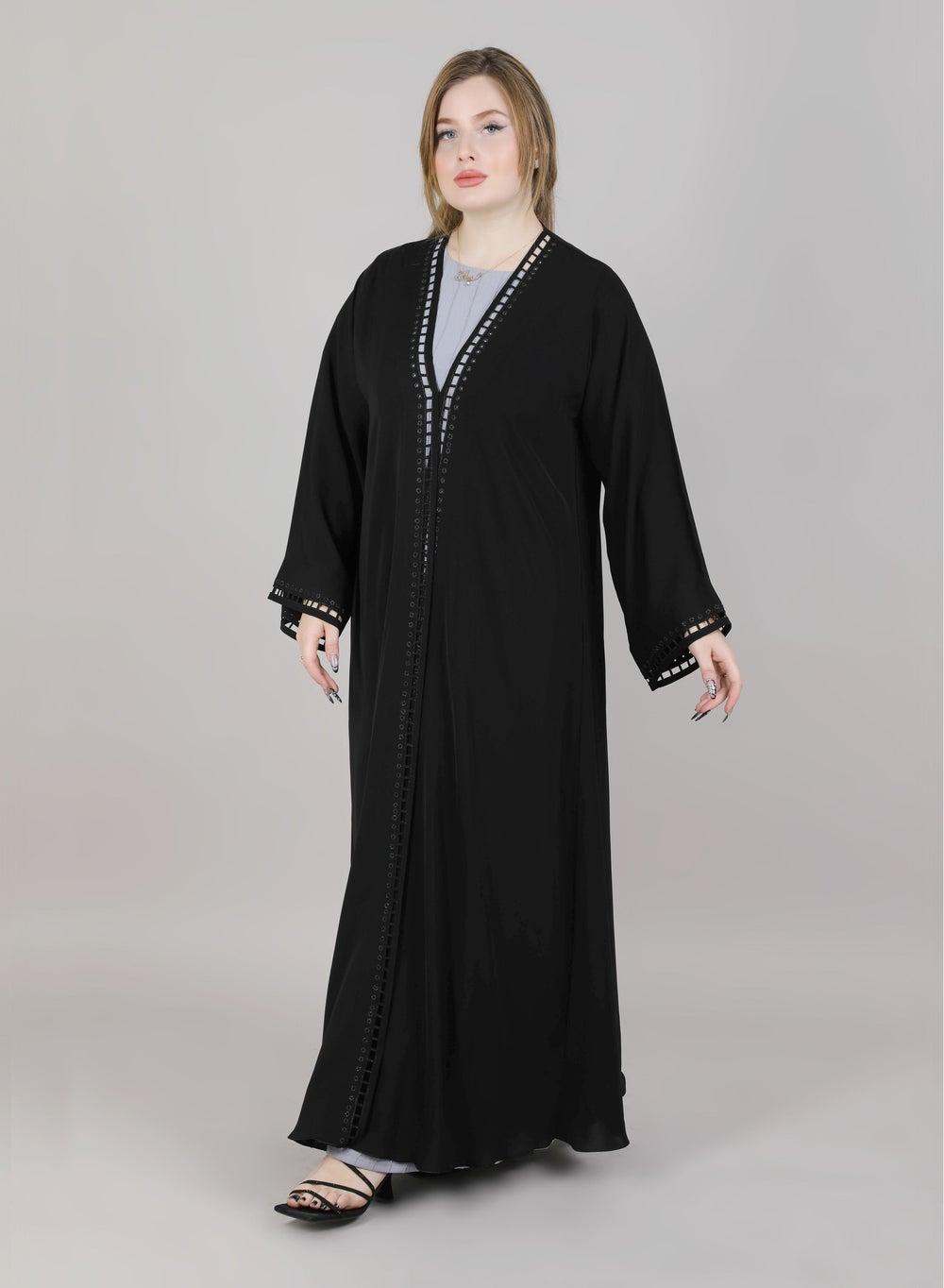MSquare Fashion Black Laser Cut Open Abaya - Image 1