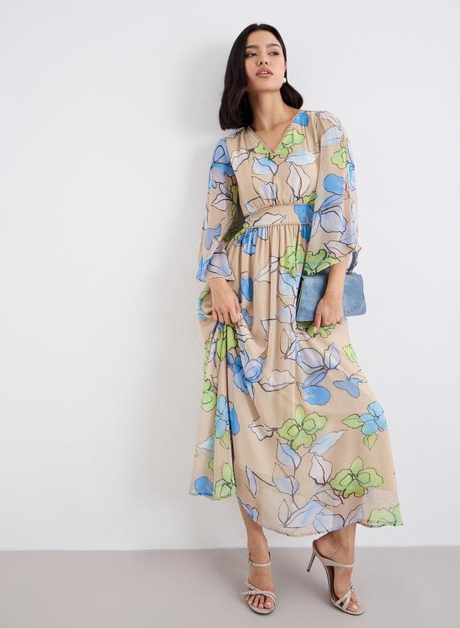 Styli Multi Floral Maxi Dress with Volume Sleeves - Image 1