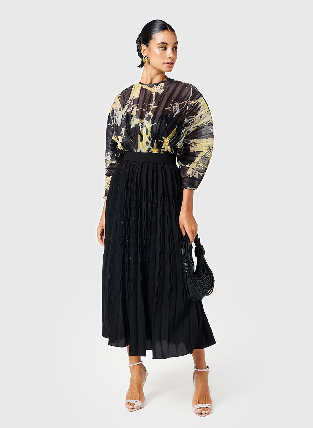 Printed Pleated Midi Dress with Sheer Sleeves - Image 1