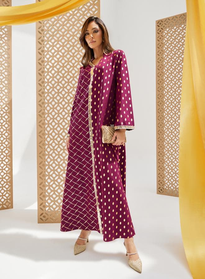 Foil Printed Collared Jalabiya with Lace Detail - Image 1