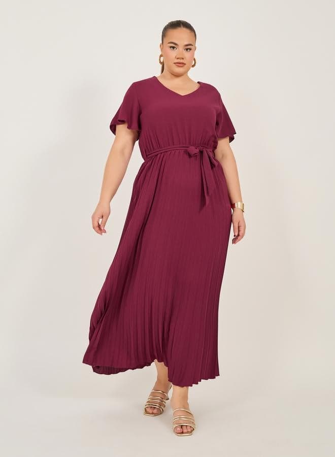 Plum Pleated Flutter Sleeve Midi Dress - Image 1