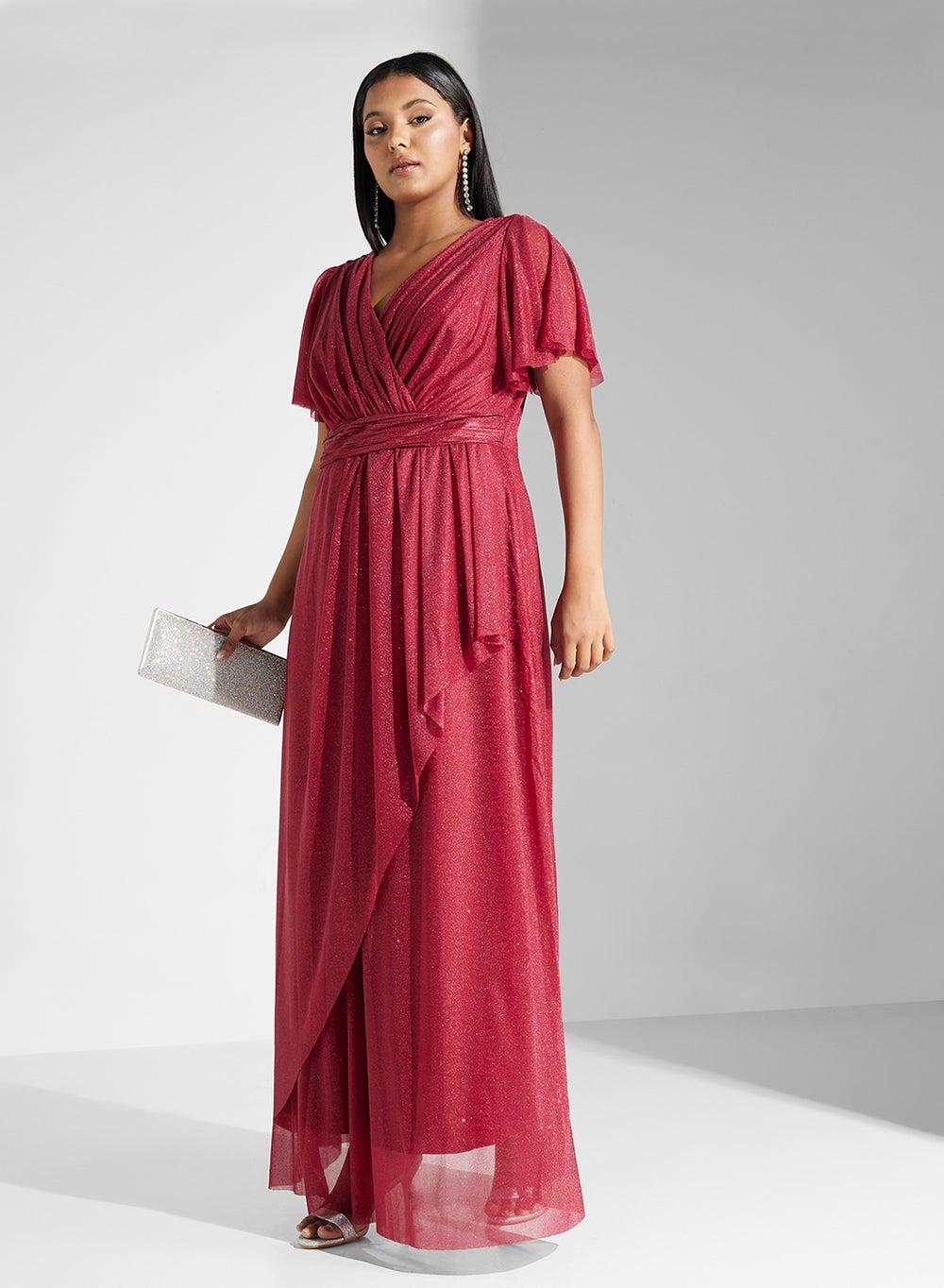 Plus Size Surplice Neck Shimmer Maxi Dress - Image 1