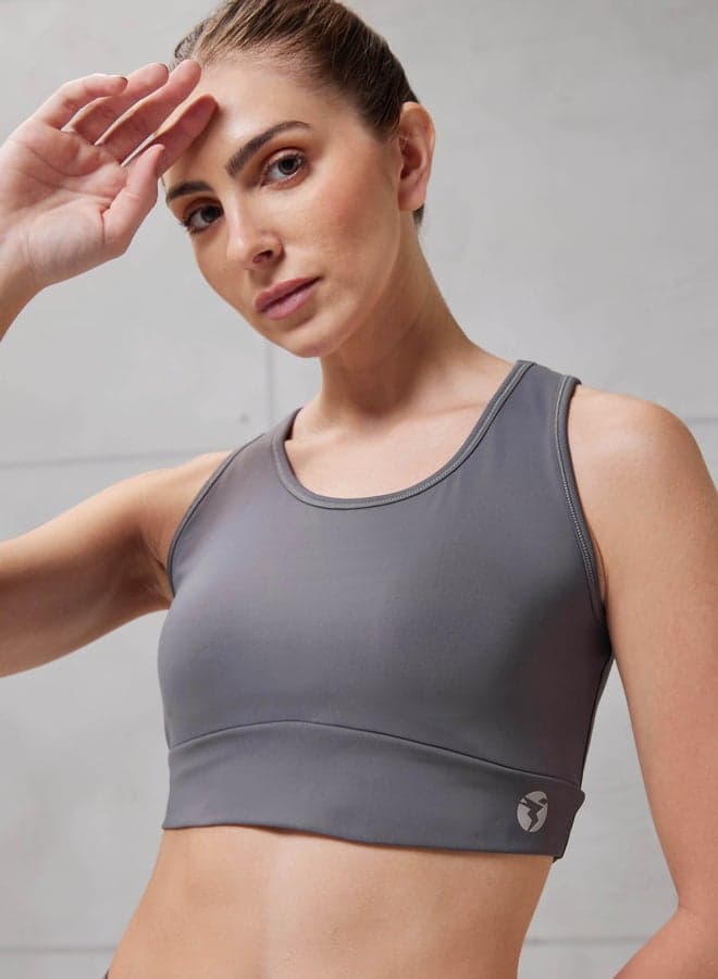 Grey Logo Detail Padded Non-Wired Sports Bra - Image 1