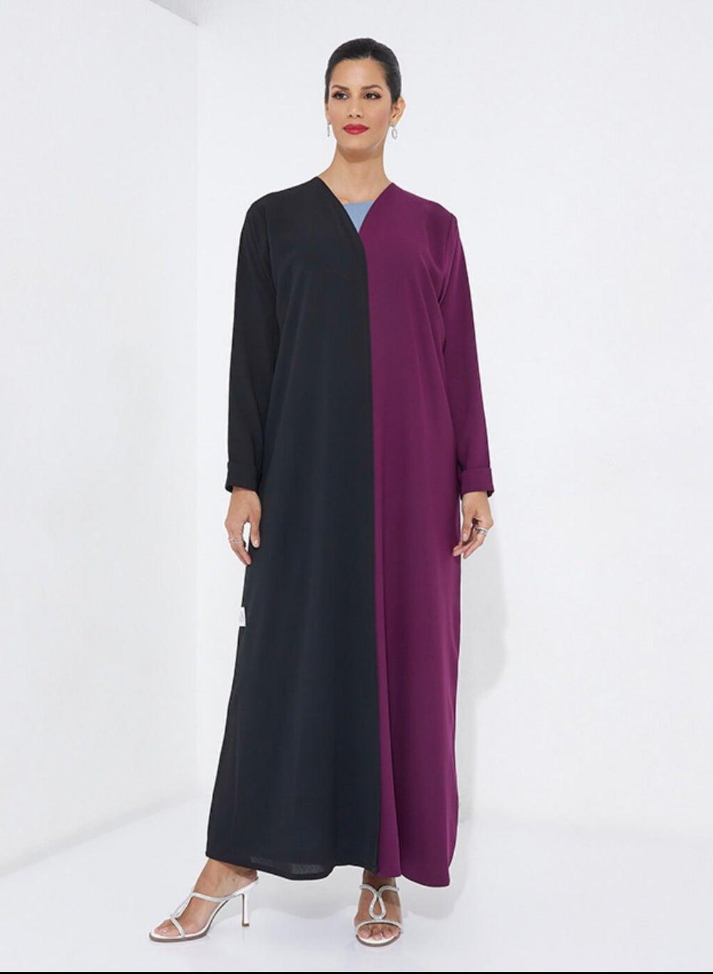 Half Black and Purple Abaya with Belt - Image 1
