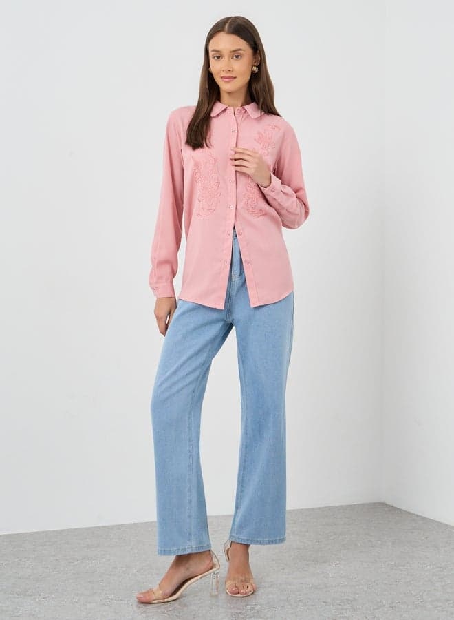 Floral Embroidered Spread Collar Shirt - Image 1