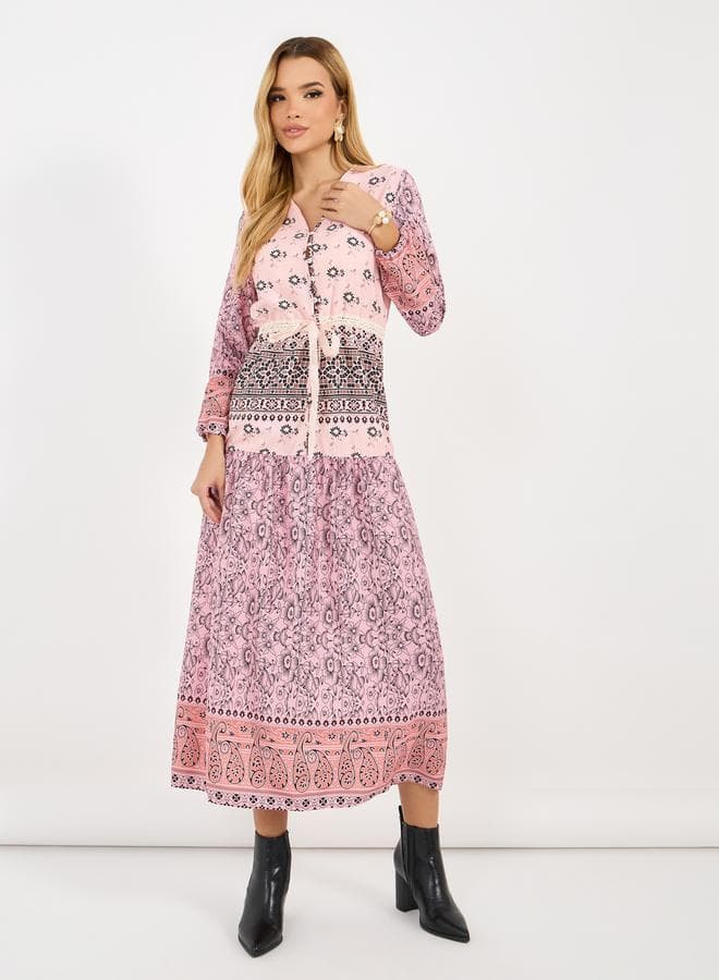 Pink Floral Print Maxi Dress with Tasseled Belt - Image 1