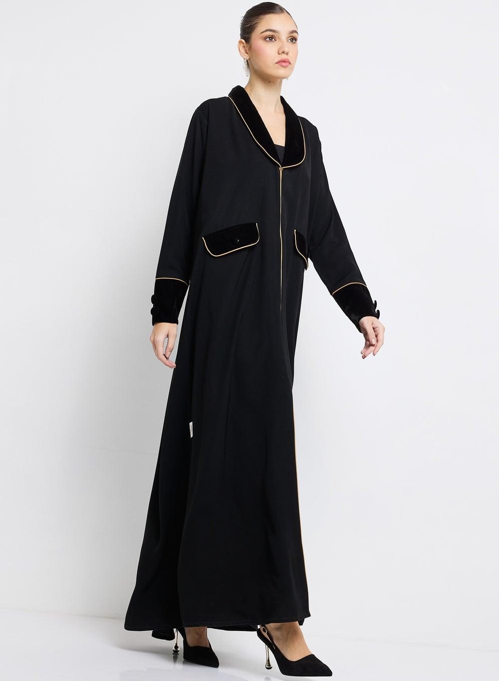 Velvet Blazer Abaya with Button Detailing and Piping - Image 1